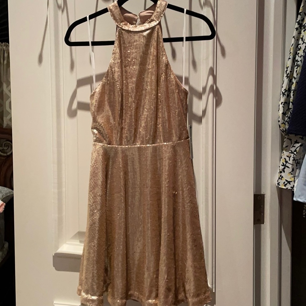 Gold holiday dress, fit and flare